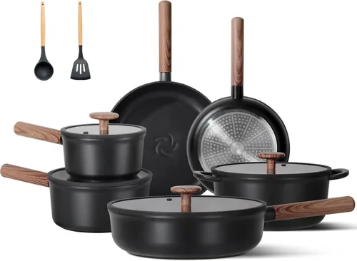 JEETEE Juego de utensilios de cocina de cerámica de 17 piezas, juego de ollas y sartenes saludables antiadherentes, juego de cocina de inducción con