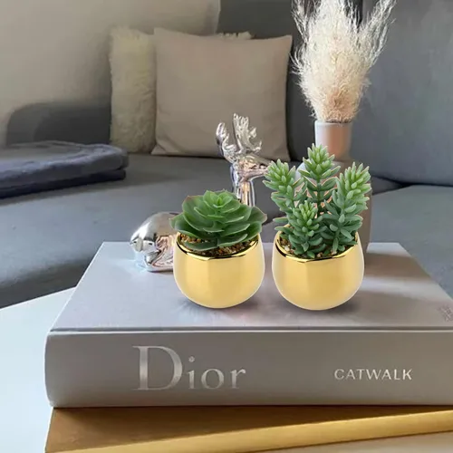 Miniatura 2 de Briful Pequeñas suculentas artificiales en macetas, juego de 3 plantas suculentas realistas con macetas de cerámica doradas, lindas mini plantas