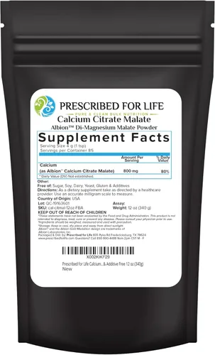 Prescribed for Life Malato de citrato de calcio, polvo de calcio vegano puro, fórmula de fácil absorción, sin OMG, sin relleno ni aditivos (11.99 oz)