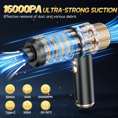 Miniatura 3 de JONYJ Aspiradora de Mano para Automóvil, 16000PA Aspiradora de Mano Portátil Inalámbrica, 2 en 1 Soplador de Aire y Aspiradora con Luz LED, Negro