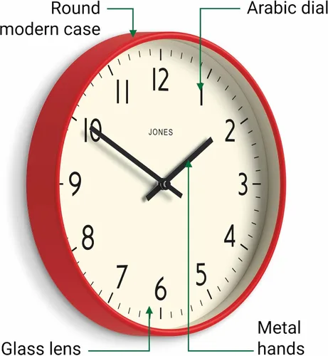 Miniatura 5 de JONES CLOCKS® Reloj de pared de estudio Estilo redondo moderno 12 pulgadas Rojo Números fáciles de leer Diseño versátil para cocina, sala