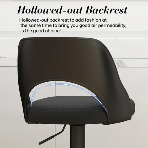 Miniatura 8 de HENGJIANYI Taburete de bar giratorio ajustable en altura con respaldo hueco, silla tapizada con base de metal negro, asiento negro