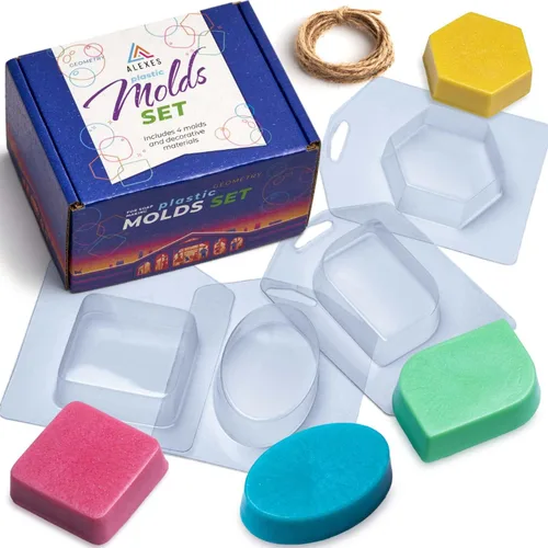 ALEXES Juego de moldes para jabón, 4 moldes de plástico para hacer jabón, cuadrados, redondos, hexagonales, para derretir y verter jabón