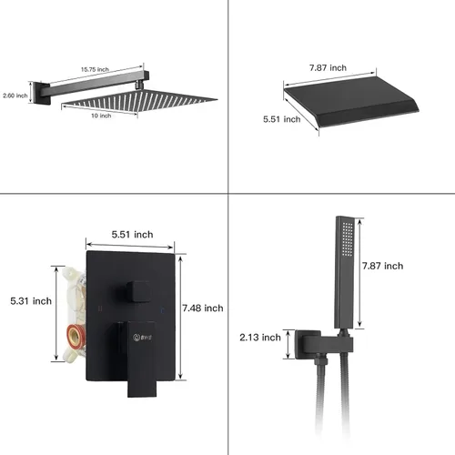 Miniatura 6 de BWE Sistema de ducha negro de 10 pulgadas, grifo de cascada completo con juego de boquilla mate, mezclador de lluvia cuadrado de lujo, equilibrio