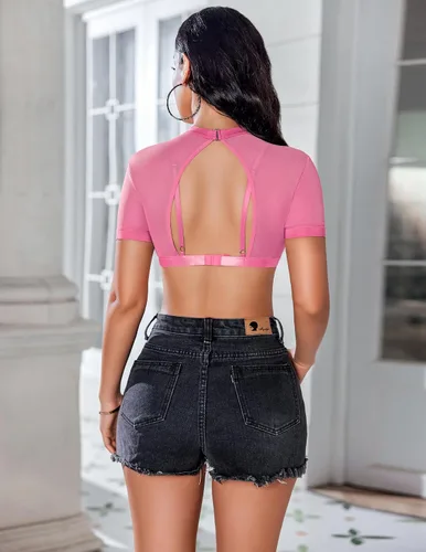 Miniatura 3 de Avidlove Top de malla para mujer, sexy, transparente, de manga corta, con brasier