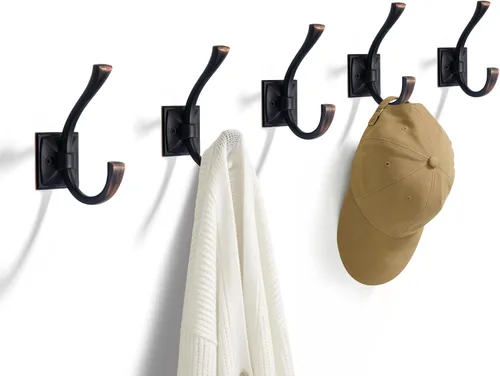Miniatura 13 de TUNNY Paquete de 5 ganchos para colgar en la pared de diseño antiguo, ganchos de latón antiguo, gancho para toallas para armario de zapatos