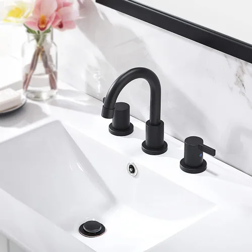 Miniatura 5 de Phiestina - Grifo de baño de 8 pulgadas, 3 agujeros, arco bajo, 2 manijas, extendido con válvula y montaje de drenaje desplegable de metal, negro