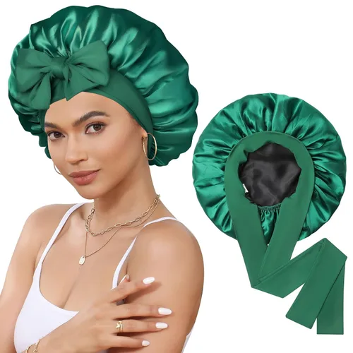 Miniatura 12 de Gorro de satén de seda para dormir, gorro de seda de doble capa con banda elástica para cabello rizado Negro+marrón