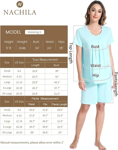 Miniatura 2 de NACHILA Pijama para mujer de viscosa hecha de bambú, conjunto de pijama de manga corta con cuello redondo, pijama plisado, parte superior suave