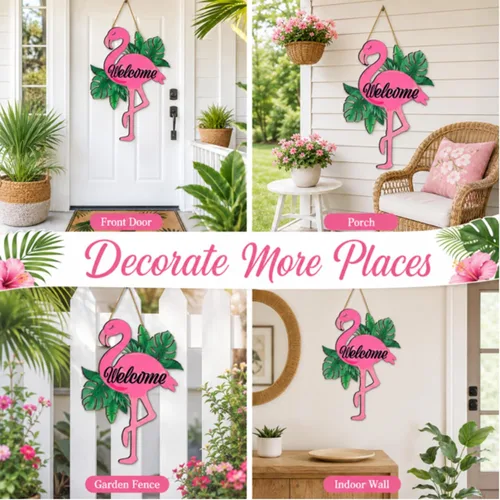 Miniatura 7 de Bucherry Letrero de bienvenida para puerta de flamenco, decoración tropical de verano, decoración tropical de madera, arte hawaiano de madera