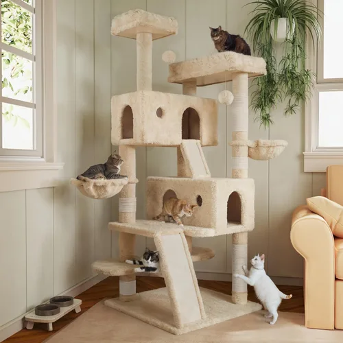 Miniatura 12 de MUTICOR Árbol para gatos de 66 pulgadas de varios niveles, grande, para interiores, con felinos grandes/perchas de felpa Gris oscuro