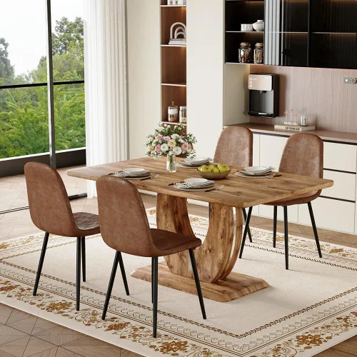 Miniatura 2 de Juego de mesa de comedor moderno para 4, mesa de cocina de madera de 63 pulgadas con 4 sillas tapizadas de gamuza de tela, estilo granja con parte