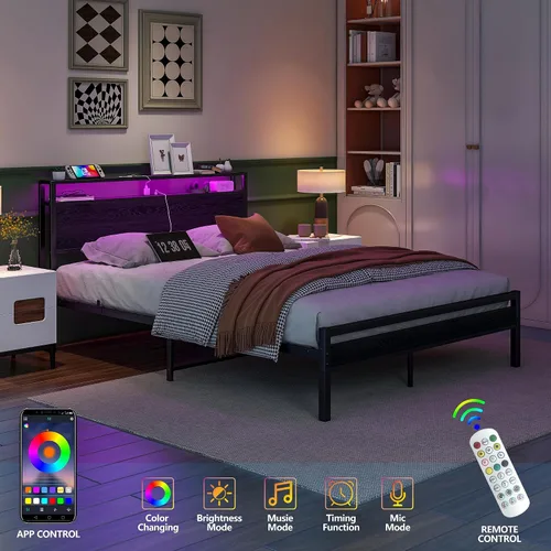 Miniatura 5 de BOFENG Base de cama Queen con cabecera de almacenamiento, marco de cama de plataforma de metal tamaño Queen con luces LED, estación de carga,