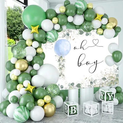 Miniatura 2 de Mocsicka Telón de fondo Oh Boy con globo azul, fondo verde para baby shower, eucalipto botánico, baby shower, fiesta, pastel, decoración de mesa