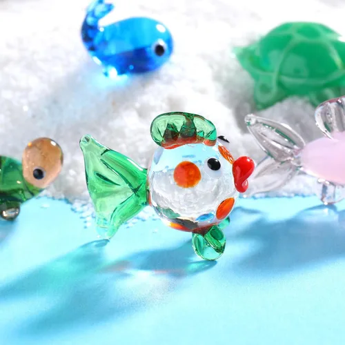 Miniatura 5 de 8 piezas de figuras de vidrio soplado a mano - Miniaturas de vidrio del océano: tortuga, tortuga marina, delfín, ballena, estrella de mar, foca, pez
