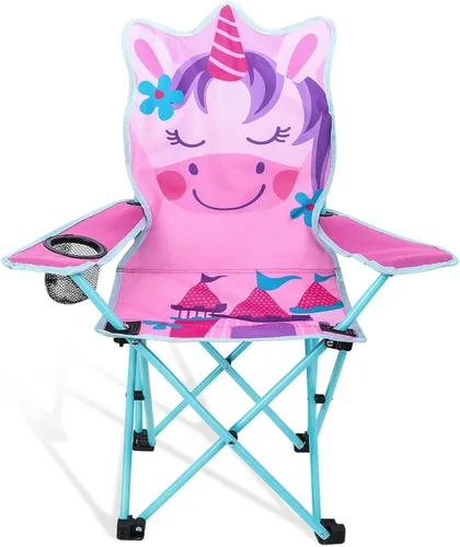 KABOER Silla plegable para césped y camping para niños con portavasos y bolsa de transporte, sillas de camping para niños Unicornio Rosa