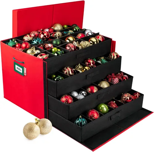 Miniatura 18 de Caja con divisores para guardar hasta 72 adornos navideños de 3 pulgadas de forma práctica, cubos grandes de tela de alta calidad con 3 bandejas Gris