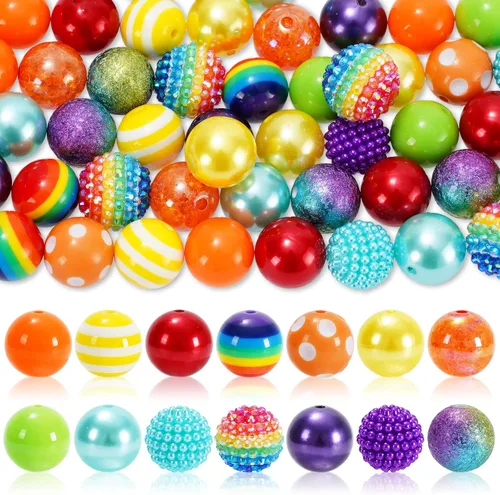 Whaline Juego de 50 cuentas de goma de mascar de 0.78 pulgadas de grosor, 14 estilos, cuentas acrílicas coloridas con temática de arco iris, cuentas