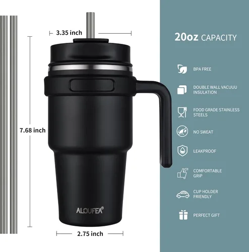 Miniatura 2 de Taza de café aislada de 20 onzas con asa, vaso de viaje de acero inoxidable con tapa y popote, taza térmica de doble pared al vacío a prueba de Negro
