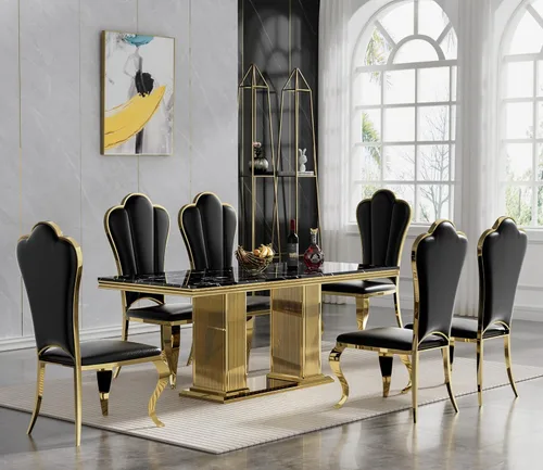 Miniatura 9 de Juego de mesa de comedor de mármol negro de lujo para 4, mesa de cocina dorada de 70 pulgadas y 4 sillas de cuero negro, juego de 5 mesas de comedor