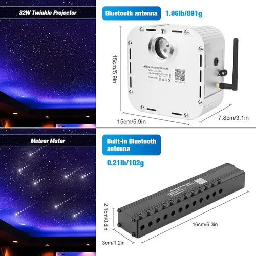 Miniatura 4 de CHINLY 32w Meteor Twinkle 1000pcs 0.03in 16.4ft Bluetooth RGBW LED Fibra Óptica Estrella Luz de techo, APP/Remoto + Kit de luz de estrellas fugaces