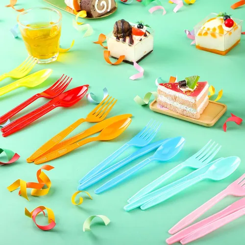 Miniatura 3 de Hoolerry Juego de cubiertos de plástico desechables de 180 piezas de colores neón para fiesta, arcoíris, utensilios de plástico a granel, incluye