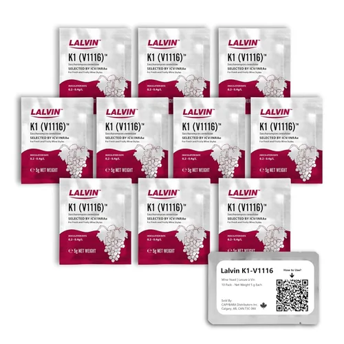 Levadura de vino Lalvin K1-V1116 (paquete de 10) - Haz vino, sidra, aguamiel y kombucha en casa - Sobres de 5 g - Saccharomyces cerevisiae - Vendido