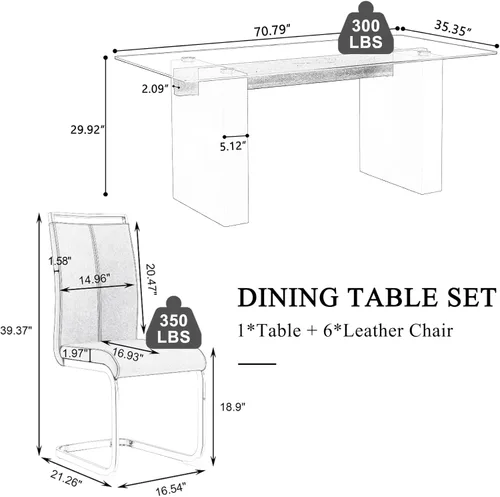Miniatura 2 de Juego de mesa de comedor de vidrio de 71 pulgadas para 6, mesa de comedor para 6, mesa de vidrio templado con marco de MDF blanco y 6 sillas