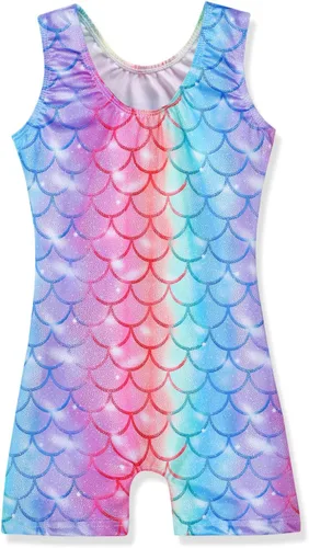 Miniatura 138 de HOZIY - Leotardos de gimnasia con pantalones cortos brillantes para niñas pequeñas; estampados de unicornio, aurora, arco iris, sirena, dinosaurio