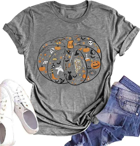 Miniatura 24 de Woffccrd - Camisetas divertidas con estampado de calabaza y leopardo para mujer, camisetas gráficas de manga corta de Halloween para mujer
