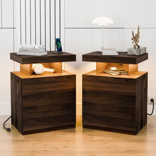 Miniatura 18 de HOMMPA Mesita de noche negra con estación de carga inalámbrica, mesita de noche de alto brillo con 3 cajones, mesa auxiliar con carga USB tipo C