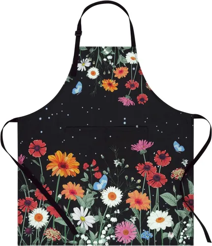 ASPMIZ Delantal floral para adultos, delantal impermeable para mujer con 2 bolsillos, delantales de cocina de flores con correa ajustable para el