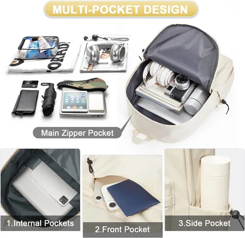Miniatura 5 de Mochila ligera, mochila universitaria impermeable para lindas mochilas estéticas, mochila casual para hombres y mujeres (beige)
