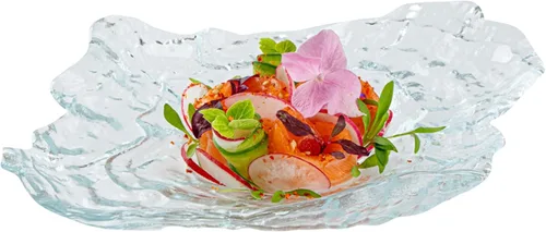 Restaurantware Vetri - Plato de vidrio de 8.9 x 6.7 x 1.8 pulgadas, 1 plato de servir único y duradero, diseño de conchas marinas, vajilla de vidrio