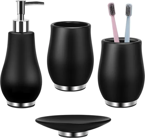 Miniatura 12 de RQYIXI - Juego de accesorios de baño de 4 piezas, soporte para cepillo de dientes, dispensador de jabón, decoración de baño de cerámica y madera