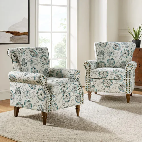 Miniatura 27 de HULALA HOME Silla moderna con respaldo de alas con patas de madera y cojín extraíble, cómodo sillón tapizado con ribete de cabeza de clavo, sofá
