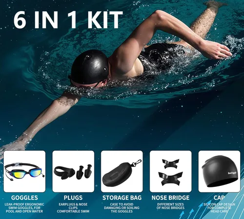 Miniatura 4 de Juego de gafas de natación sin fugas, antivaho y anti-UV, clip de nariz, gorro de natación y estuche para hombres, mujeres y adultos Dorado