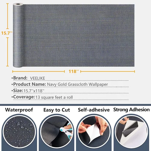Miniatura 8 de VEELIKE Papel tapiz de tela sintética con textura de 15.7 x 118 pulgadas, papel tapiz autoadhesivo de tela impermeable, papel de contacto