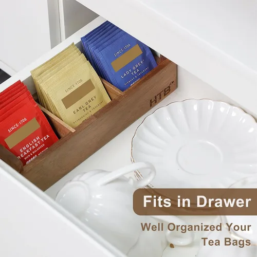 Miniatura 8 de HTB Caja Pequeña de Bolsitas de Té de Madera, 3 Compartimentos, Cofre de Bolsitas de Té de Madera de Acacia con Asa, Mini Contenedor