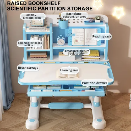 Miniatura 5 de Juego de silla de escritorio funcional para niños, juego de sillas de mesa escolar para niños con diseño de partición, altura ajustable, soporte Azul