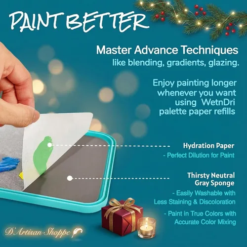 Miniatura 6 de Papel de Paleta WetNDri para Pintura Acrílica. 50 Papeles de Paleta de Pintura Desechables y 2 Esponjas Grises de Paleta Húmeda Adecuadas