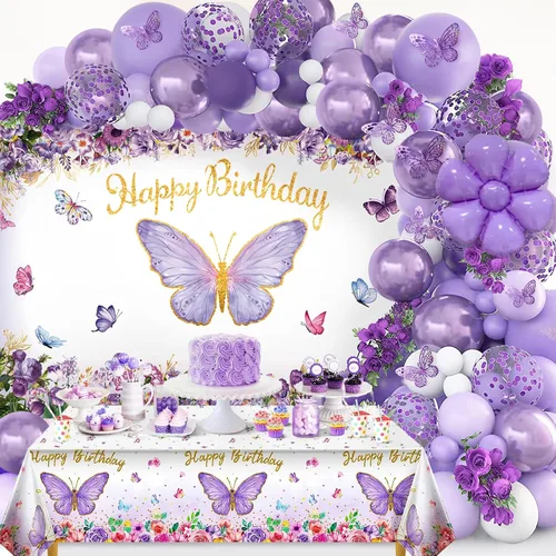 Decoraciones de fiesta de mariposas, decoraciones temáticas de cumpleaños para niñas con kit de arco de globos, telón de fondo de fotografía de