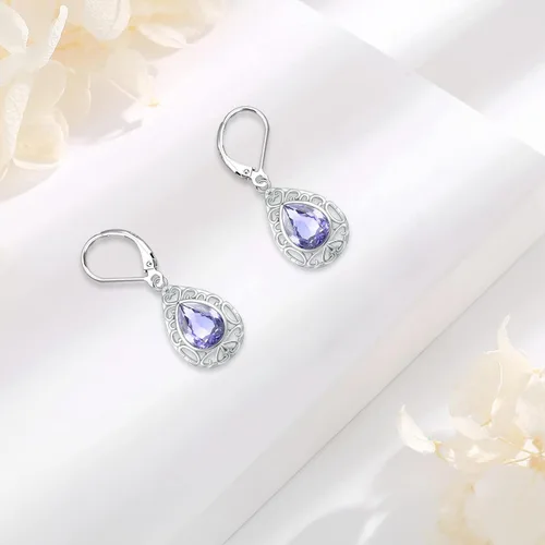 Miniatura 327 de Aretes colgantes de plata de ley con diseño de árbol de la vida, flor, abeja, animales, gato, colibrí, piedra lunar, turquesa, aretes con cierre