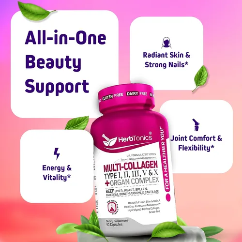 Miniatura 3 de Herbtonics Cápsulas multicolágeno + complejo de órganos - Complejo de colágeno y órgano de carne de res de 5 tipos para belleza y vitalidad, 90