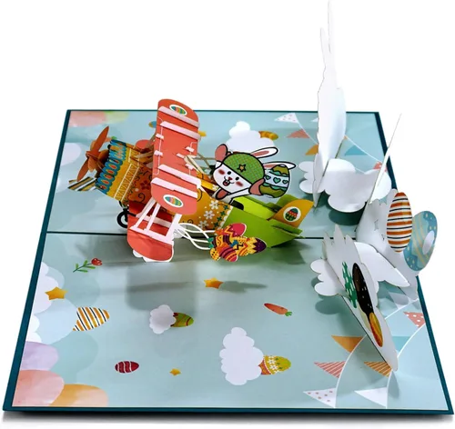 Miniatura 4 de ETA Tarjeta desplegable de Pascua 3D, conejito de Pascua en un avión, tarjeta de felicitación festiva, linda, divertida, tarjeta desplegable