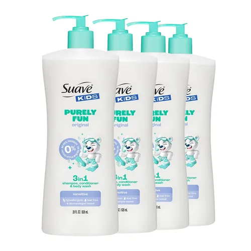 Suave Kids Champú acondicionador 3 en 1 para niños, gel de baño Purely Fun que hace que la hora del baño sea rápida y fácil, sin parabenos y probado