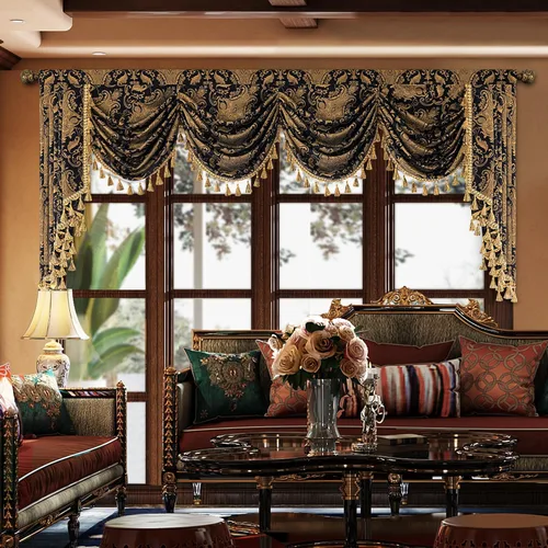 Miniatura 16 de Loom and Mill Cenefa de cascada de lujo de jacquard para sala de estar, elegantes cenefas de ventana con festones y cuentas damascadas, cortinas