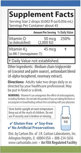 Miniatura 3 de Carlson - Super Daily D3 + K2, 50 mcg D3 + 45 mcg MK-7, salud del corazón y los huesos, 90 gotas líquidas, 0.08 onzas líquidas