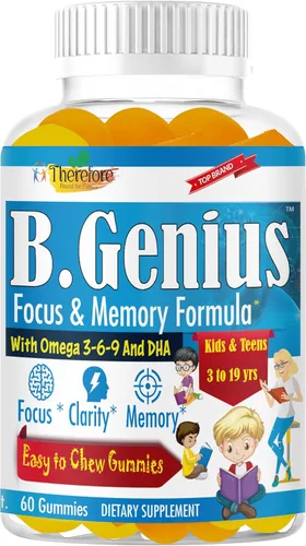 B.Genius - Gomitas Omega 3 6 9 Focus para niños y adolescentes, gomitas Omega sin aceite de pescado para niños, salud cerebral y apoyo cognitivo,