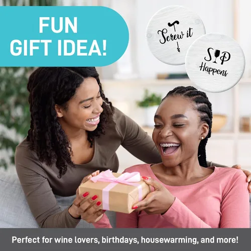 Miniatura 7 de Posavasos para bebidas absorbentes con soporte, juego de regalo de 6 piezas con 6 frases divertidas para amantes del vino, piedra de cerámica